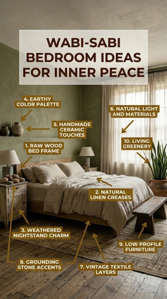 This instructional graphic displays a Wabi-Sabi Bedroom with ten numbered callouts highlighting specific design elements for "Inner Peace." The room features an earthy sage green lime-wash wall, a low-profile raw wood bed frame with wrinkled tan linen bedding, and a weathered vintage nightstand. Pointers identify details like "Handmade Ceramic Touches" on a wall shelf, "Grounding Stone Accents" near the lamp, and "Living Greenery" by a sunlit window. The floor is made of reclaimed wide-plank wood, covered partially by a faded vintage textile rug that adds a layer of soft, aged texture.