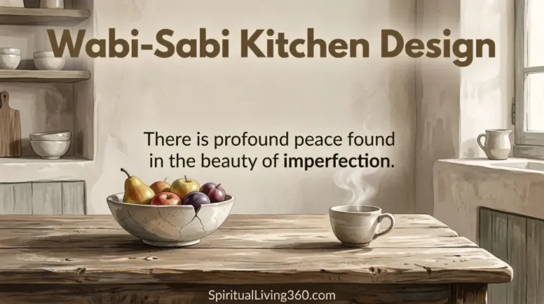 A rustic kitchen with a wooden table and a ceramic bowl is shown in soft morning light. Large bold text at the top reads Wabi-Sabi Kitchen Design. A central message about the beauty of imperfection is written in a clean font. The URL SpiritualLiving360.com is displayed at the bottom of the serene scene.