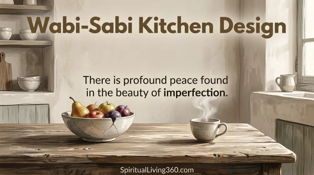A rustic kitchen with a wooden table and a ceramic bowl is shown in soft morning light. Large bold text at the top reads Wabi-Sabi Kitchen Design. A central message about the beauty of imperfection is written in a clean font. The URL SpiritualLiving360.com is displayed at the bottom of the serene scene.