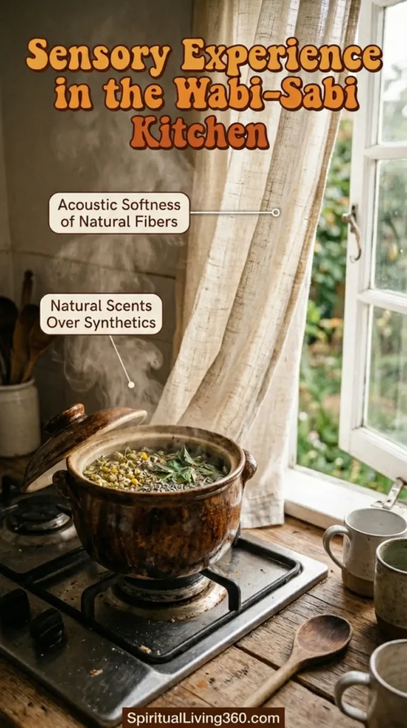 Soft linen curtains flutter in a kitchen breeze, captioned by the bold heading "Sensory Experience in the Wabi-Sabi Kitchen." The image uses labels to highlight how natural fibers provide acoustic softness, dampening harsh kitchen noises. Another label points to a simmering pot of herbs, emphasizing the use of natural scents over synthetic sprays. The visual elements suggest a multi-sensory approach to kitchen design that prioritizes peace and organic fragrance. SpiritualLiving360.com is visible at the bottom center of the frame.