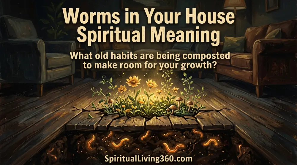 An illustration of glowing worms in soil beneath floorboards with flowers growing above. The bold title Worms in Your House Spiritual Meaning is at the top. A central question about composting old habits is visible. The URL SpiritualLiving360.com is at the bottom