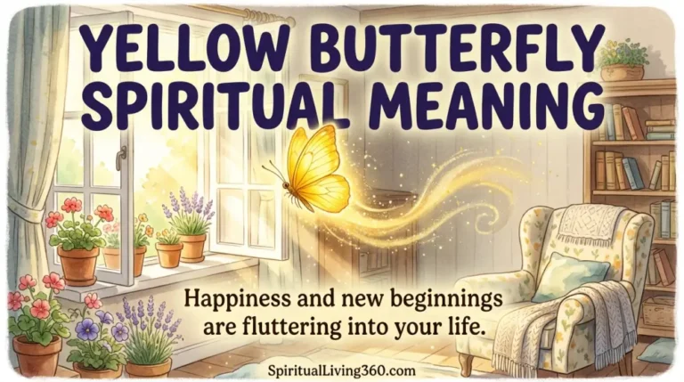 A yellow butterfly flies through an open window into a bright, floral-filled room. The bold heading Yellow Butterfly Spiritual Meaning is prominently displayed at the top. A central statement about happiness is visible. The branding SpiritualLiving360.com is at the bottom.