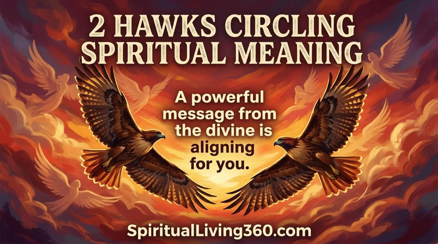 Two hawks soar in a circular pattern against a vibrant sunset of orange and gold in a painted illustration. The bold text at the top highlights the 2 Hawks Circling Spiritual Meaning while a central statement notes a message from the divine. The artistic style is warm and metaphorical, featuring detailed feathers and ethereal clouds. The bottom of the image includes the website SpiritualLiving360.com in a crisp banner.