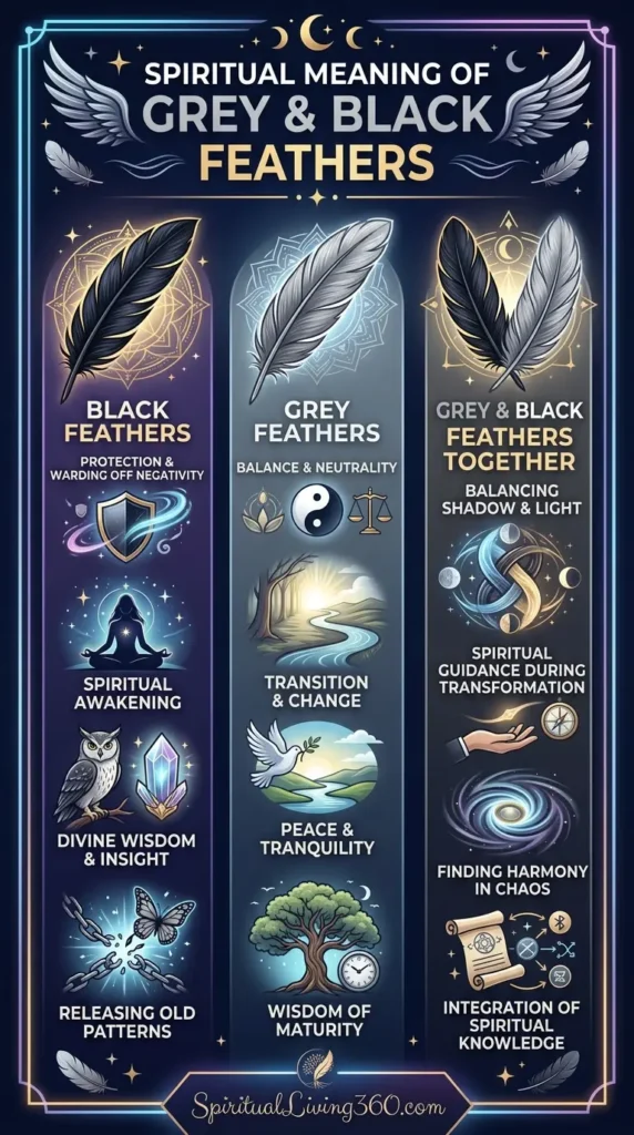 This infographic details the spiritual meaning of grey and black feathers, highlighting their symbolism in protection, balance, and transformation. Black feathers are depicted as symbols of spiritual awakening and divine wisdom, often representing the release of old patterns. Grey feathers signify neutrality, transition, and the wisdom of maturity, providing peace during times of change. When grey and black feathers appear together, they represent the integration of spiritual knowledge and finding harmony between shadow and light.