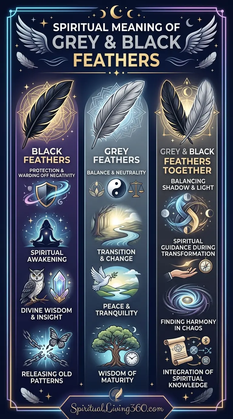 This infographic details the spiritual meaning of grey and black feathers, highlighting their symbolism in protection, balance, and transformation. Black feathers are depicted as symbols of spiritual awakening and divine wisdom, often representing the release of old patterns. Grey feathers signify neutrality, transition, and the wisdom of maturity, providing peace during times of change. When grey and black feathers appear together, they represent the integration of spiritual knowledge and finding harmony between shadow and light.