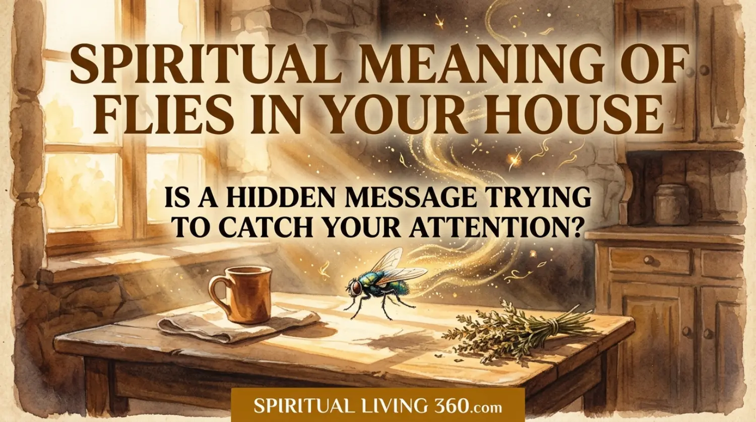 A glowing digital painting shows a golden fly dissolving into light inside a sunlit, vintage-style home. Large bold text at the top reads Spiritual Meaning Of Flies In Your House while a central question asks if a message is seeking attention. The bottom of the frame displays the website SpiritualLiving360.com against a warm wooden background. Soft golden-hour rays illuminate the dust motes and symbolic elements of the spiritual transition.