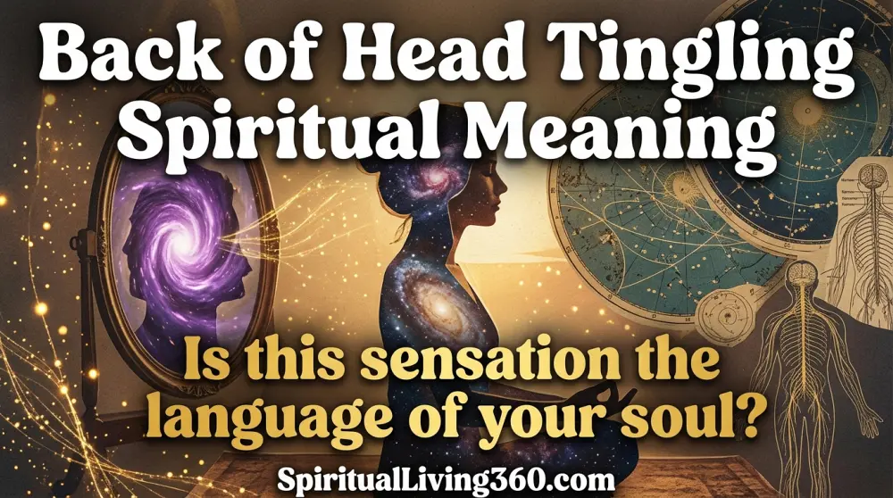An exquisite editorial collage features a meditating woman’s silhouette filled with a swirling galaxy, illuminated by cinematic golden-hour lighting and shimmering filaments. To her left, a vintage mirror reveals a glowing amethyst vortex where her head should be, while the right side displays overlapping celestial maps and nervous system diagrams. The high-detail illustration has a tactile, hand-cut paper texture with large, bold white text at the top reading, "Back of Head Tingling Spiritual Meaning." Centered in radiant gold is the question, "Is this sensation the language of your soul?" while the website "SpiritualLiving360.com" is cleanly rendered at the bottom edge.