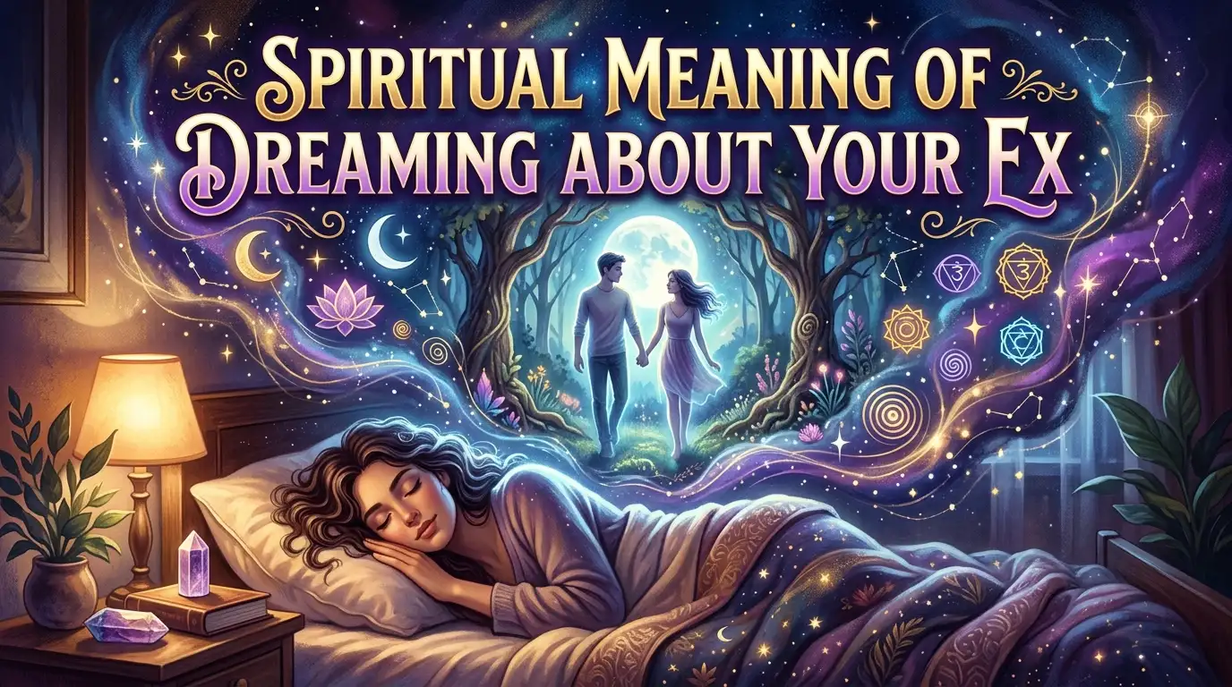 A young woman with long dark hair sleeps peacefully in a cozy bedroom, while a glowing, ethereal cloud of memories featuring the spiritual meaning of dreaming about your ex floats above her. Inside this celestial mist, a man and woman hold hands under a full moon in a silhouetted forest, surrounded by floating lotus flowers, crescent moons, and vibrant chakra symbols. The room is warmly lit by a bedside lamp next to a stack of books and purple healing crystals, creating a mystical and calm atmosphere. Intricate constellations and swirling purple energy trails frame the central title text which is rendered in elegant, gold-trimmed lettering.