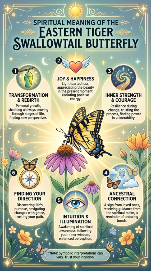 This vertical infographic explores the Eastern Tiger Swallowtail Butterfly spiritual meaning through six circular icons arranged around a central yellow and black butterfly. At the top, a golden sun and celestial border frame the title, while the butterfly rests on a purple coneflower in a field of glowing orange and pink blossoms. Each icon features a specific theme: a green chrysalis for transformation, a winged heart for joy, a spiral path for inner strength, a ghostly figure for ancestral connection, an eye for intuition, and a compass for finding direction. The background is a soft, ethereal blue-green gradient decorated with small stars, crescent moons, and delicate golden linework.