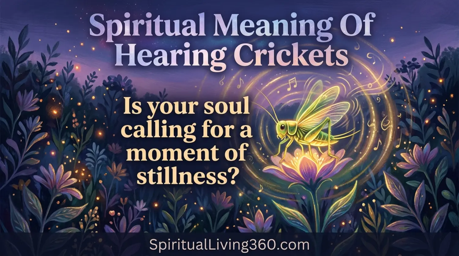 A magical evening scene features a glowing cricket on a flower surrounded by golden sound ripples and purple twilight. Bold text at the top reads Spiritual Meaning Of Hearing Crickets while the center poses a question about seeking stillness. The illustration is rich with painted textures, starlight, and warm golden accents. The brand name SpiritualLiving360.com is positioned clearly at the bottom of the mystical composition.