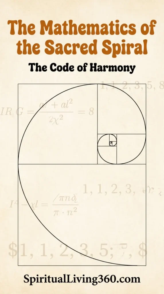 A golden ratio spiral is meticulously drawn over a textured parchment background to illustrate the mathematical foundations of sacred geometry. The image features a large heading at the top in a bold, groovy font that highlights the mathematics of the sacred spiral. Below the main title, the subtitle mentions the code of harmony in a slightly smaller but matching typeface. Faint mathematical sequences and geometric grid lines provide a technical and mystical depth to the composition. The SpiritualLiving360.com logo is positioned at the bottom center to serve as a visual watermark for the article.