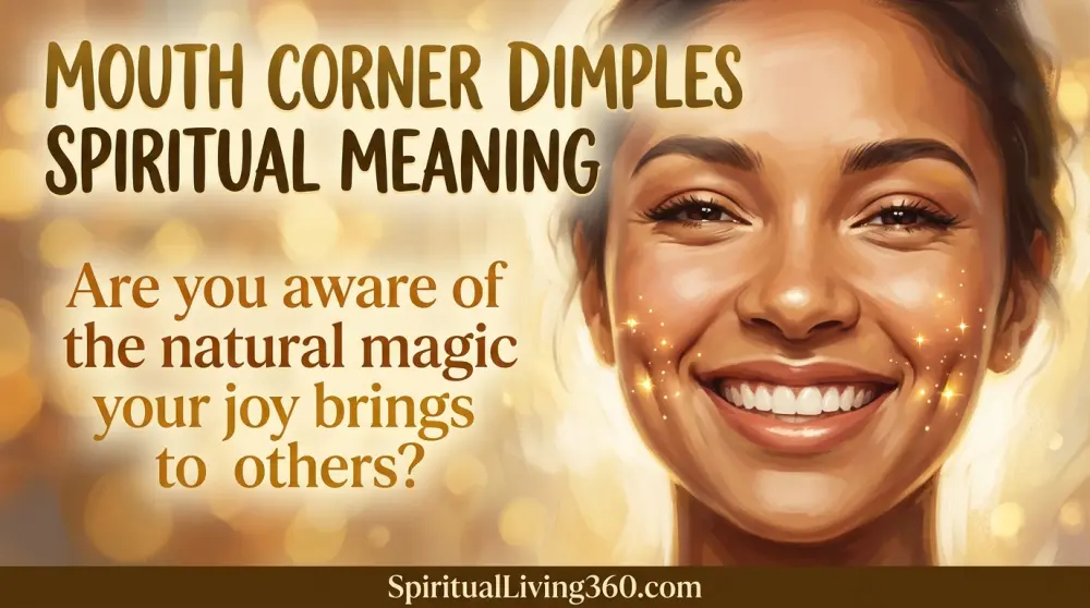 A close-up painting of a smiling face with glowing starlight dimples. The bold title Mouth Corner Dimples Spiritual Meaning is prominently at the top. A central question about the magic of joy is visible. The website SpiritualLiving360.com is at the bottom.