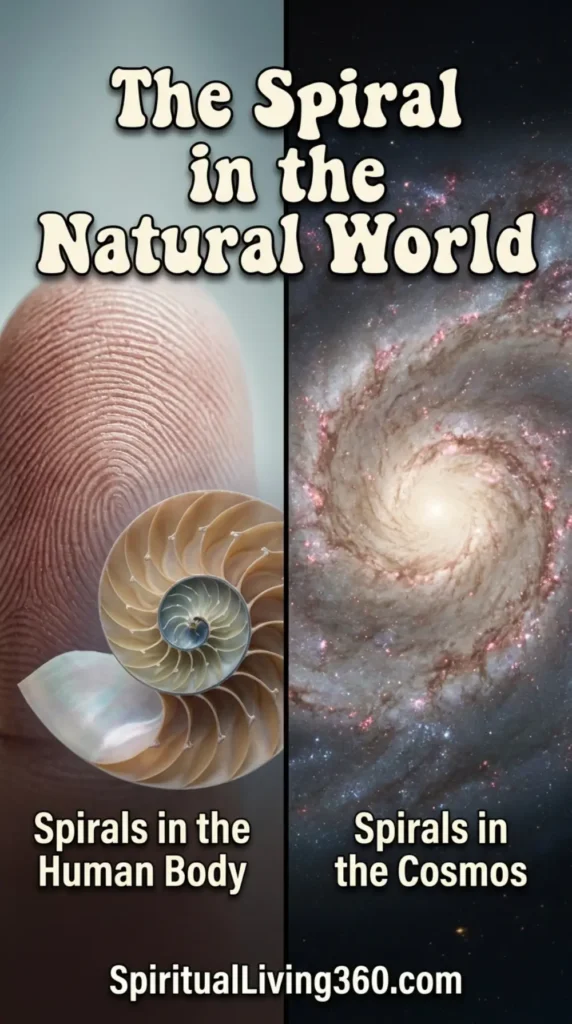 This side-by-side visual comparison illustrates the presence of spiral patterns in both the human body and the vast cosmos. The left side highlights the intricate ridges of a fingerprint and a seashell, while the right side showcases a brilliant rotating spiral galaxy in deep space. Across the top, the heading describes the spiral in the natural world using a bold and groovy retro-style font. Subtle labels distinguish the micro-level biological spirals from the macro-level astronomical formations found throughout the universe. The branding for SpiritualLiving360.com is placed at the bottom center to complete the professional layout.