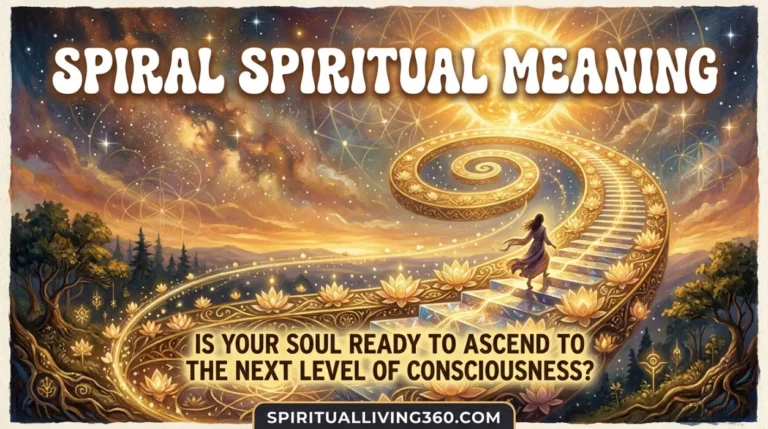 A large golden spiral staircase ascends through a mystical sunset sky toward a bright light. The top of the image features the text "Spiral Spiritual Meaning" in a heavy bold typeface. A central question asks if the viewer is ready for a new level of consciousness above a small website URL at the bottom. The entire scene is rendered in a warm, painted style with glowing embers and spiritual symbols throughout.