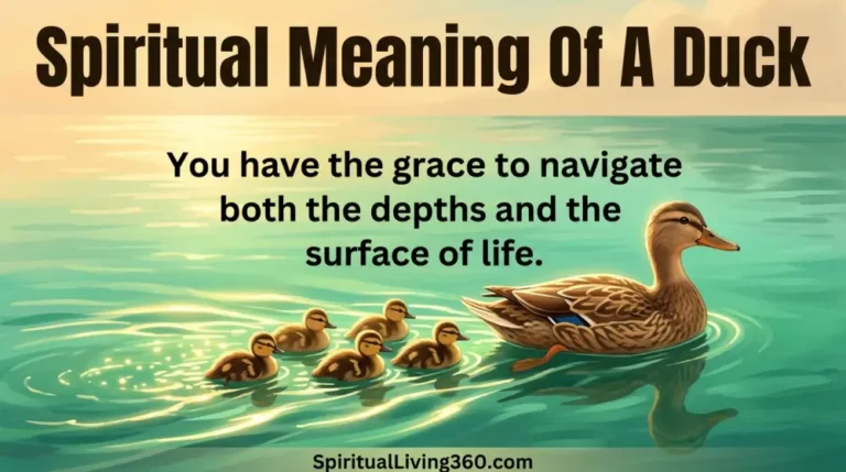 A duck swims on green water with glowing ripples behind her. The bold heading Spiritual Meaning Of A Duck is featured at the top. A central statement about navigating life's depths is visible. The branding SpiritualLiving360.com is at the bottom.