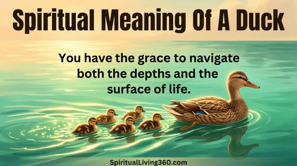 A duck swims on green water with glowing ripples behind her. The bold heading Spiritual Meaning Of A Duck is featured at the top. A central statement about navigating life's depths is visible. The branding SpiritualLiving360.com is at the bottom.