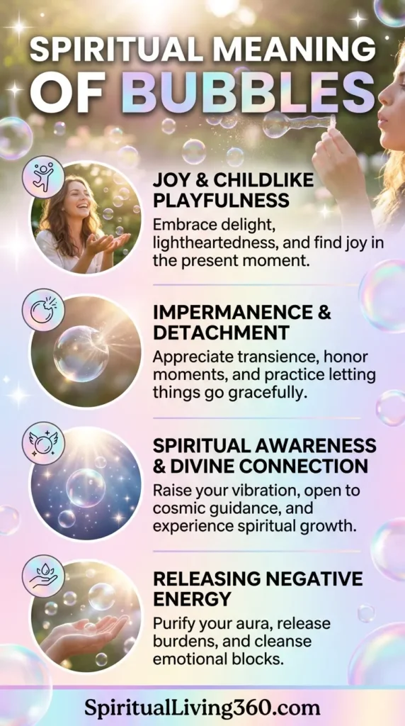 A vertical infographic titled "SPIRITUAL MEANING OF BUBBLES" featuring a soft pink and purple gradient background with floating iridescent bubbles. The image contains four circular inset photos showing a woman laughing, a bubble bursting, a bubble reflecting starlight, and hands releasing a bubble. Text descriptions explain concepts like joy, impermanence, divine connection, and releasing negative energy. The website "SpiritualLiving360.com" is displayed at the bottom of the graphic.