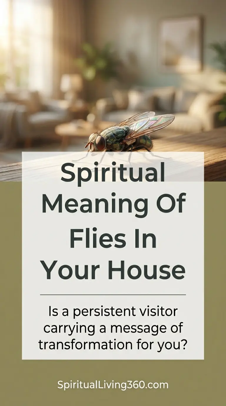 A high-resolution close-up photo shows a housefly with shimmering, iridescent wings resting on a wooden surface in a sunlit room. The text "Spiritual Meaning Of Flies In Your House" is prominently displayed in bold, dark lettering in the center. Below the title, a soft white box contains the reflective question, "Is a persistent visitor carrying a message of transformation for you?" The website SpiritualLiving360.com is visible at the bottom. The overall scene is bright and airy, focusing on the insect as a symbol of spiritual significance and nature.