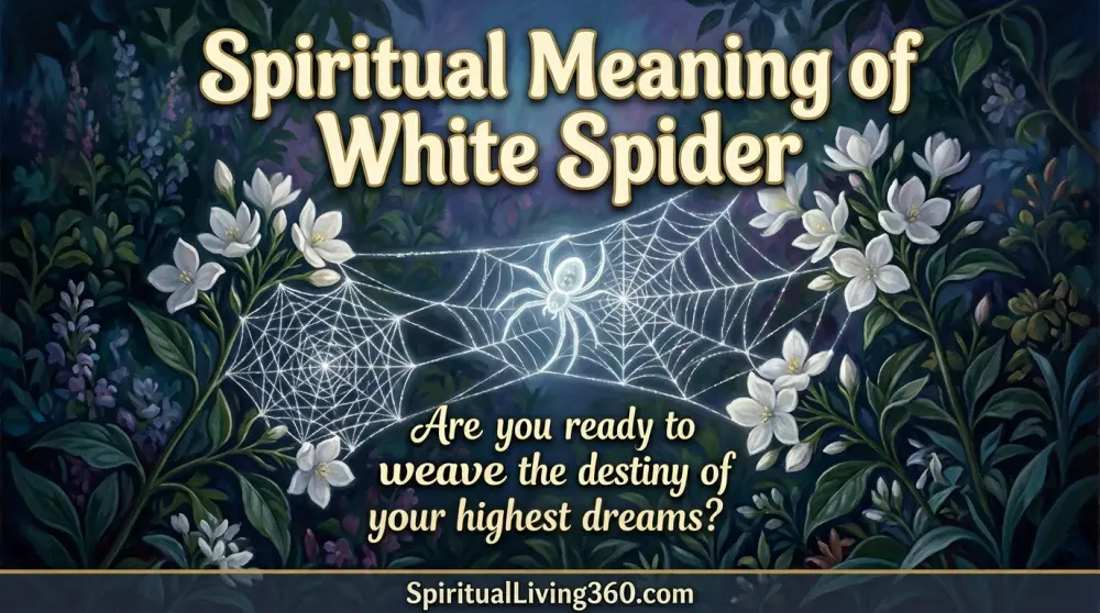 A translucent white spider weaves a glowing silver web between jasmine flowers. Large bold text at the top reads Spiritual Meaning of White Spider. A central question about weaving destiny is visible in the middle. The URL SpiritualLiving360.com is at the bottom.