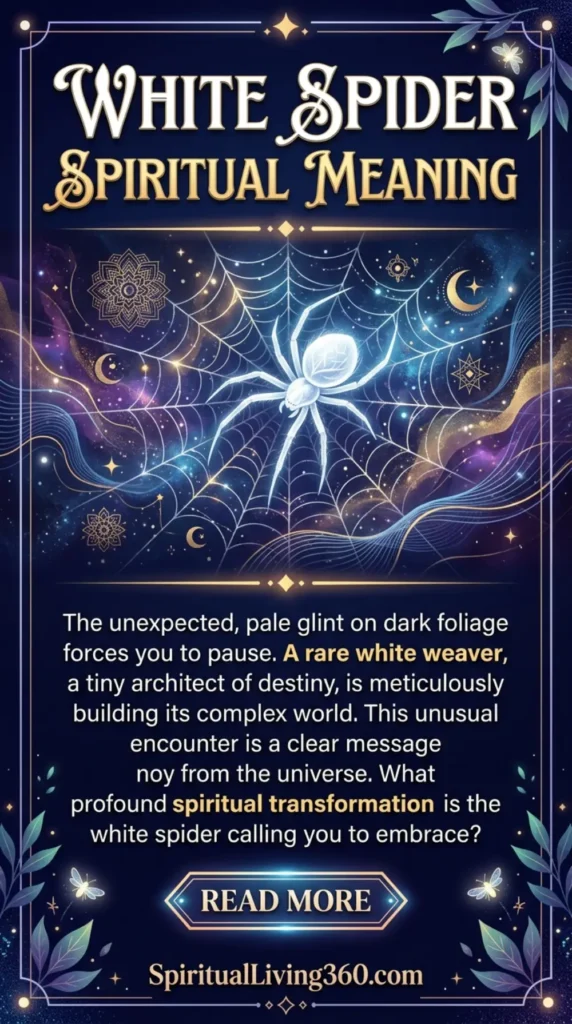 A vertical digital graphic features the title "White Spider Spiritual Meaning" in elegant gold and white typography against a dark celestial background. Centered in the frame is an intricate, glowing white spider web with a luminous white spider positioned in the middle. The design is framed by ornate gold borders, mystical mandalas, crescent moons, and glowing fireflies. Below the imagery, a text block explains the spiritual transformation associated with this rare encounter above a "Read More" button and the website URL.