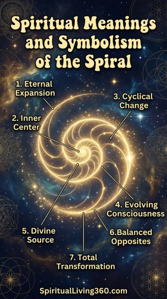 This spiritual infographic illustrates the seven core symbolic meanings of the spiral against a beautiful cosmic backdrop of stars and nebulae. A large, bold, white groovy heading at the top identifies the subject as the spiritual meanings and symbolism of the spiral. In the center, a glowing golden spiral acts as a visual guide, with labels and pointers identifying themes like eternal expansion, inner center, and total transformation. The design uses sacred geometry elements to connect the mathematical shape to deeper concepts of consciousness and divine connection. The website address SpiritualLiving360.com is placed clearly at the bottom center to mark it as a branded educational resource.