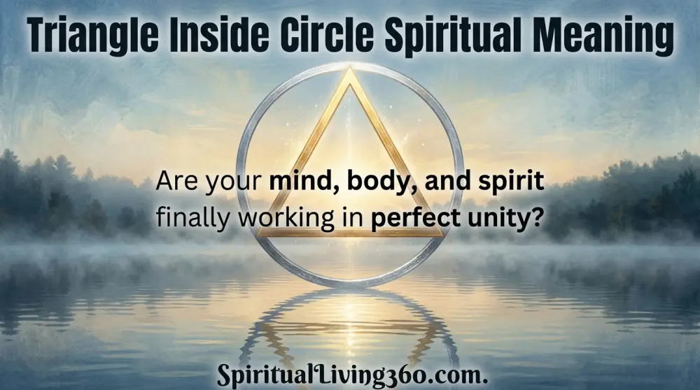 A glowing gold triangle inside a silver circle floats over a misty lake at sunrise. The bold title Triangle Inside Circle Spiritual Meaning is prominently displayed at the top. A central question about unity of mind body and spirit is visible. The URL SpiritualLiving360.com is at the bottom.