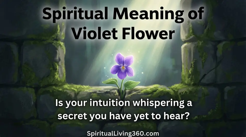 A small purple violet flower blooms from a crack in a dark stone wall under a spotlight. The bold heading Spiritual Meaning of Violet Flower is at the top. A central question about intuition is visible in the middle. The branding SpiritualLiving360.com is at the bottom.