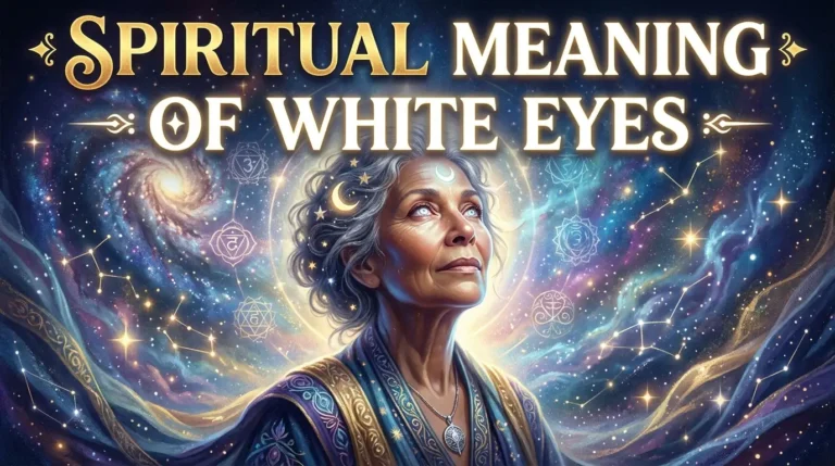 A cinematic illustration focuses on the celestial light radiating from the woman's face, emphasizing the white eyes spiritual meaning as a sign of divine clairvoyance. A swirling spiral galaxy pulls the viewer’s eye toward the left, while shimmering stardust and interconnected line-art constellations fill the right side of the frame. The textures of her weathered skin and the soft glow on her forehead indicate a deep state of meditation and cosmic connection. Rich gradients of teal, violet, and gold create a sense of infinite depth and spiritual transcendence throughout the composition.