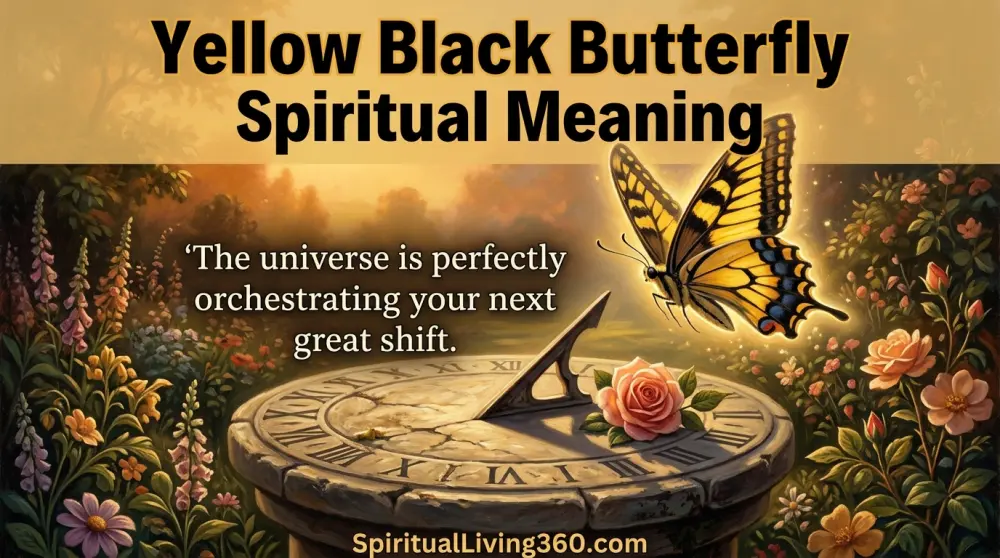 A yellow and black butterfly flies over an ancient stone sundial in a garden. The bold title Yellow Black Butterfly Spiritual Meaning is featured at the top. A central statement about the universe orchestrating shifts is visible. The website SpiritualLiving360.com is at the bottom.