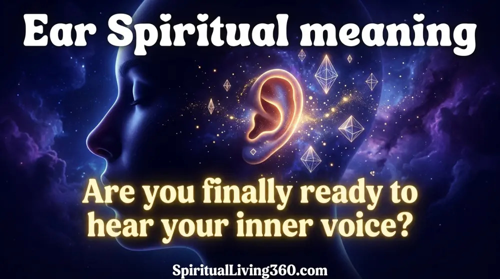 A spiritual editorial illustration showing a glowing silhouette of a person listening to the cosmos. Golden light particles and geometric patterns swirl around the ear area. The image features bold white and gold text overlays about spiritual hearing. Ethereal purple and gold color palette with a cinematic feel.