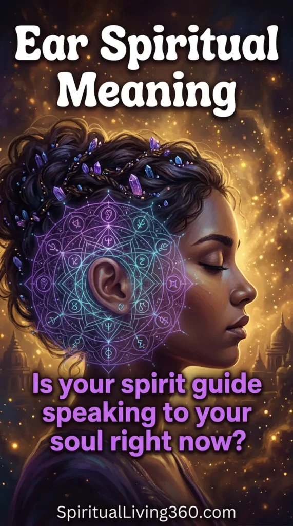 A serene female profile features dark hair woven with glowing amethyst and sapphire crystals.
A radiant purple and turquoise mandala emanates from her ear against a cinematic golden nebula.
The background contains swirling amber particles and blurred sacred architecture creating profound depth.
Bold white text at the top displays the heading "Ear Spiritual Meaning" in a groovy font.
A central amethyst sentence asks, "Is your spirit guide speaking to your soul right now?"