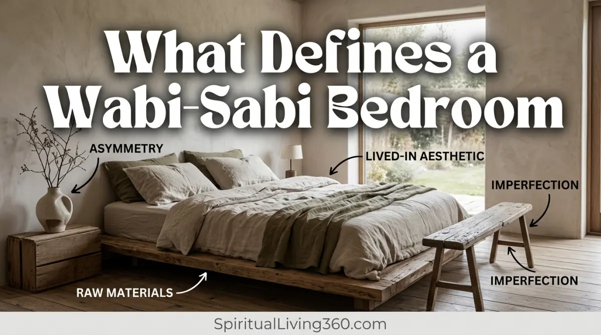 A wide-angle, tranquil bedroom showcases a low-profile platform bed made of rough, natural reclaimed wood with knots and split details. The bed is layered in heavy, wrinkled linen sheets in soft sand and charcoal shades. On a raw wood bench by the window, a simple, slightly lopsided unglazed clay vase holds a single, dry branch reaching toward the soft natural light. In the foreground, a coarse-textured woven jute rug lies over the light concrete floor. The entire room is bathed in gentle, diffused morning light, casting long, soft shadows across hand-textured plaster walls.