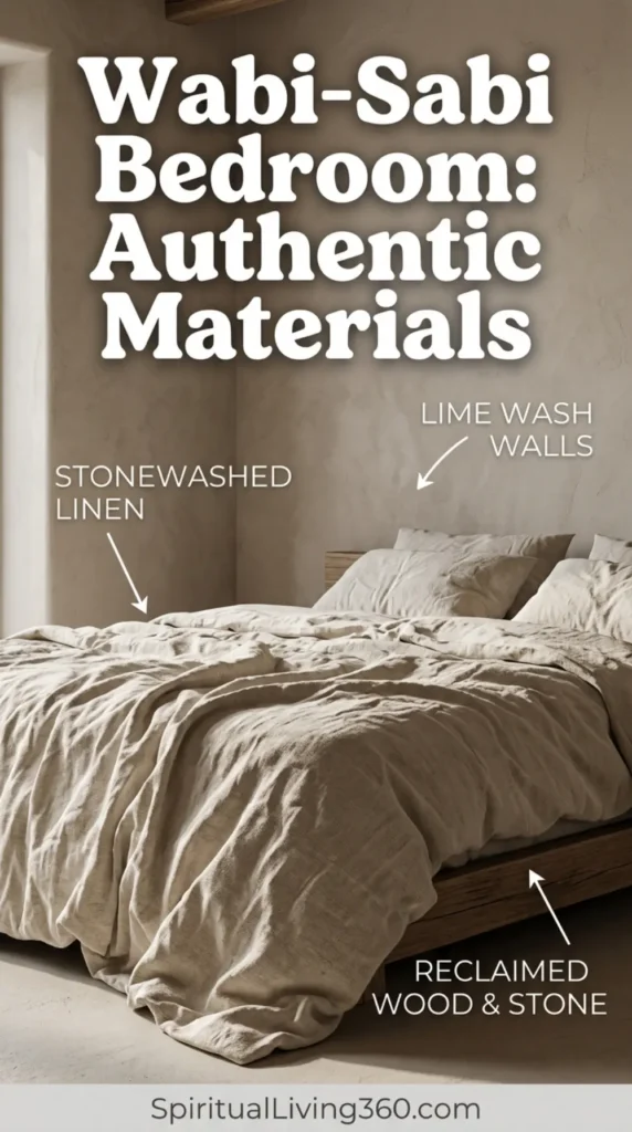 This close-up shot focuses on the rich tactile surfaces of a minimalist bed and its surrounding textures. The bed is dressed in heavily wrinkled, thick, unbleached stonewashed linen in a warm oatmeal shade. The bed frame below is constructed from thick, solid reclaimed timber with a deeply weathered grey grain. In the background, a hand-troweled plaster wall shows subtle, swirling mineral patterns and a matte clay texture. A raw stone floor lamp with a heavy, unpolished base stands beside the bed, projecting a soft glow onto the textured wall.