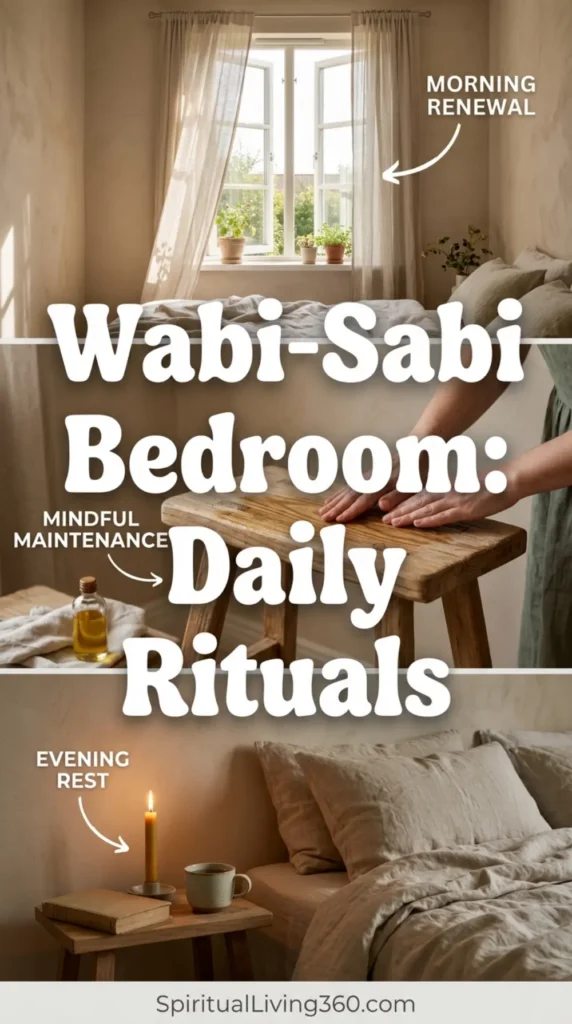 This split-composition image depicts three mindful moments of daily home care in a peaceful bedroom. On the left, a tall window is swung open, with sheer, off-white linen curtains fluttering gently in the fresh morning breeze. In the middle, a single natural beeswax candle burns with a soft, steady golden flame on a simple wooden nightstand at dusk. On the right, a pair of hands is shown gently rubbing a rich, natural oil into the grain of a rustic wooden stool. The entire scene carries a warm, quiet, and deeply grounded atmosphere of daily domestic sanctuary.