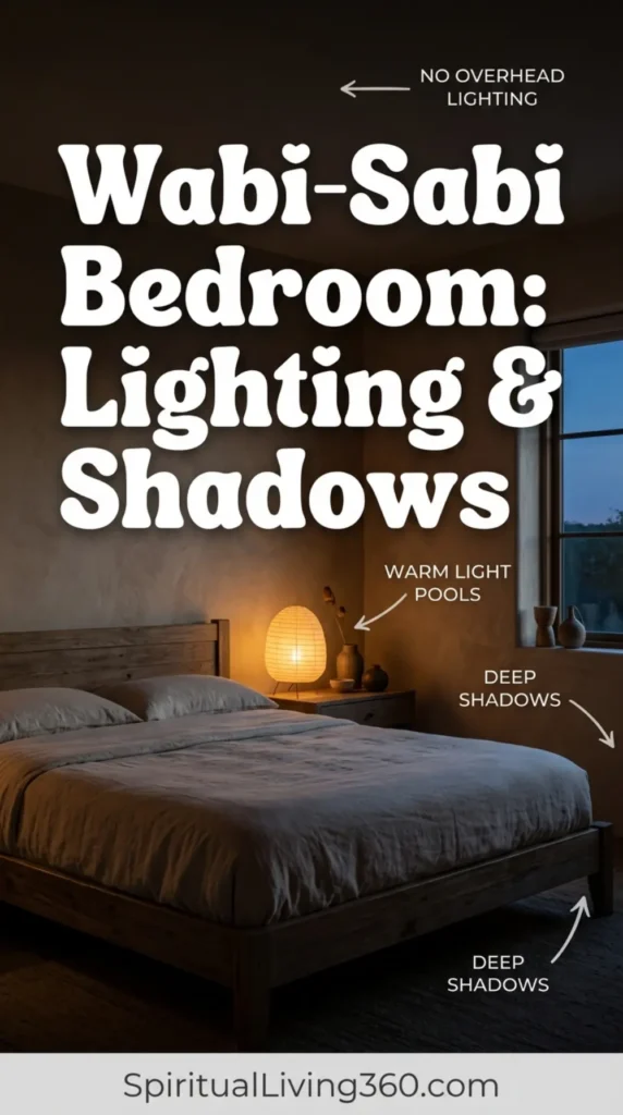 A moody, atmospheric bedroom is captured at twilight, featuring deep shadows and quiet corners that fade into darkness. There are no harsh ceiling fixtures, keeping the upper half of the room in near-complete shadow. On a low, rough wooden nightstand, a small bedside lamp with an unbleached paper shade emits a warm, amber, campfire-like glow. This soft pool of light illuminates a half-open book and the texture of the nearby linen bedding, while the rest of the room remains shrouded in a protective, comforting dimness.
