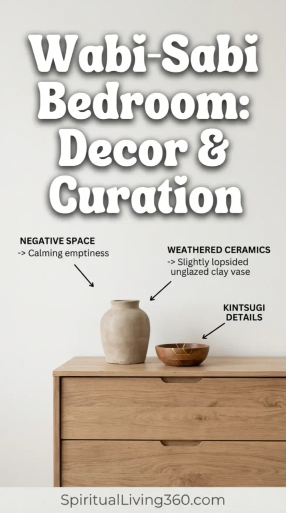 A minimalist bedroom corner features a low, rustic wooden dresser set against an expansive, completely blank beige plaster wall. On top of the rough-hewn dresser, a single, hand-thrown unglazed clay vase with a slightly lopsided neck holds a bare, twisted tree branch. Beside the vase, a small, dark wooden bowl is repaired with a striking, visible line of gold lacquer running through its cracks. The composition is highly spacious, leaving ample empty space around the objects to create a deep feeling of visual calm. Soft, directional light from the side accentuates the organic contours and rough textures of the objects.