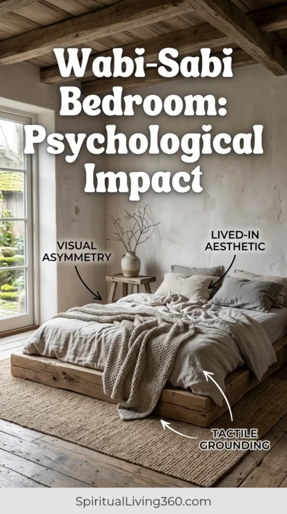 An off-center, serene bedroom scene features a low wooden bed with rumpled, unironed light grey organic bedding. On one side of the bed, a single hand-woven paper pendant lamp hangs low, while the other side remains open and bare, creating a pleasingly asymmetrical balance. The wall behind the bed has a rough, tactile plaster finish that shows subtle hand-troweled imperfections. A coarse wool throw blanket in an earthy olive tone is casually draped over the foot of the bed. Warm, soft daylight streams from an off-camera window, highlighting the rich textures of the fabric and stone.