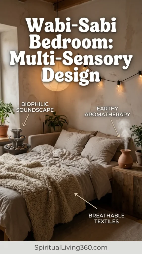 A cozy and restorative bedroom corner is arranged with a low bed layered in thick, breathable sheep wool and organic cotton textiles. In the corner of the room, a small, hand-carved stone water basin bubbles gently, creating soft ripples of water. On a nearby raw wooden stool, a small, matte-finished clay essential oil diffuser releases a thin, wispy trail of vapor into the air. A small bouquet of dried lavender and cedar branches lies beside the diffuser, adding to the earthy atmosphere. The scene is illuminated by the soft, warm light of a candle, casting peaceful shadows on the textured floor.
