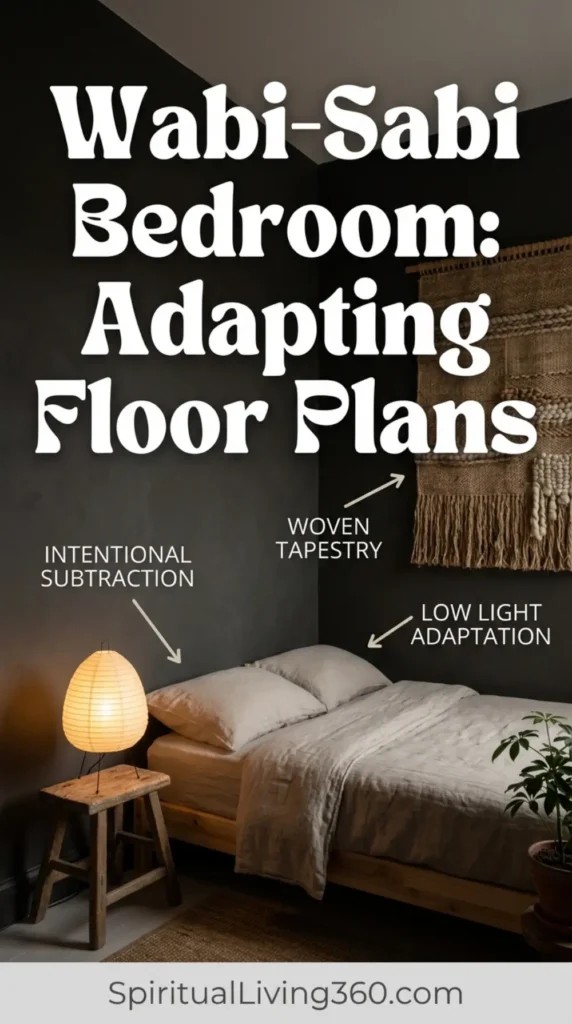 A small, cozy urban bedroom uses smart, minimalist design to create a comforting natural retreat despite its tight layout. The low-profile platform bed is tucked snugly against a wall painted in a warm, dark, enveloping charcoal clay tone. Hanging behind the bed is a large, highly textured tapestry hand-woven from thick jute and raw sheep wool. The space is completely uncluttered, featuring only a single low-wattage paper lamp resting directly on the floor. This intimate setup embraces the room's naturally low light, transforming it into a protective, cave-like sleeping cocoon.